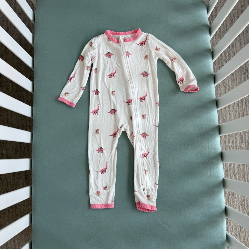 Kyte BABY Pink and White Dinosaur Zip Romper